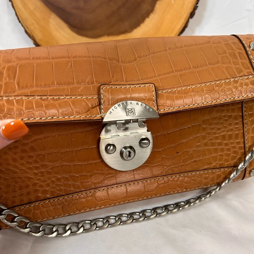 Cognac Croc-Embossed Leather Shoulder Bag with Silver Chain